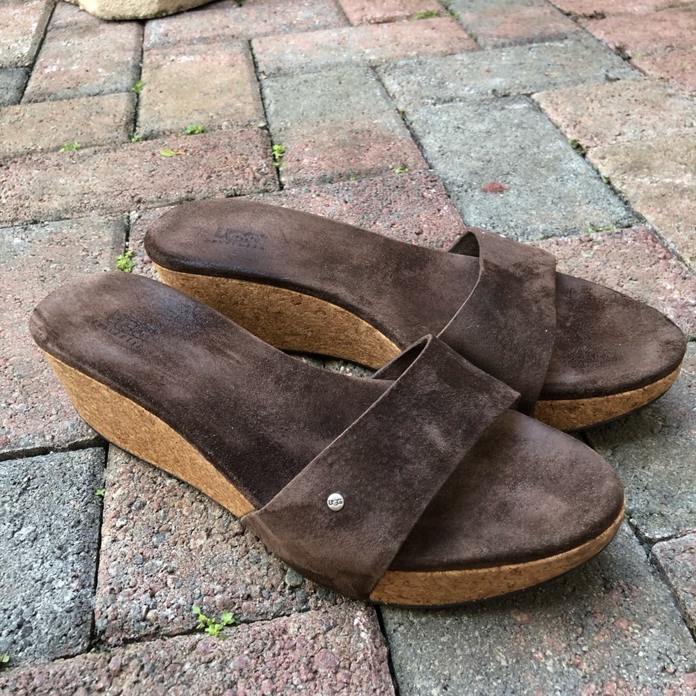 UGG Basil Wedge Slide Sandals Brown 6